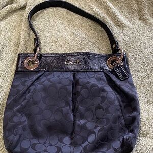 Coach Black Signature Jacquard Shoulder Bag with Leather Trim